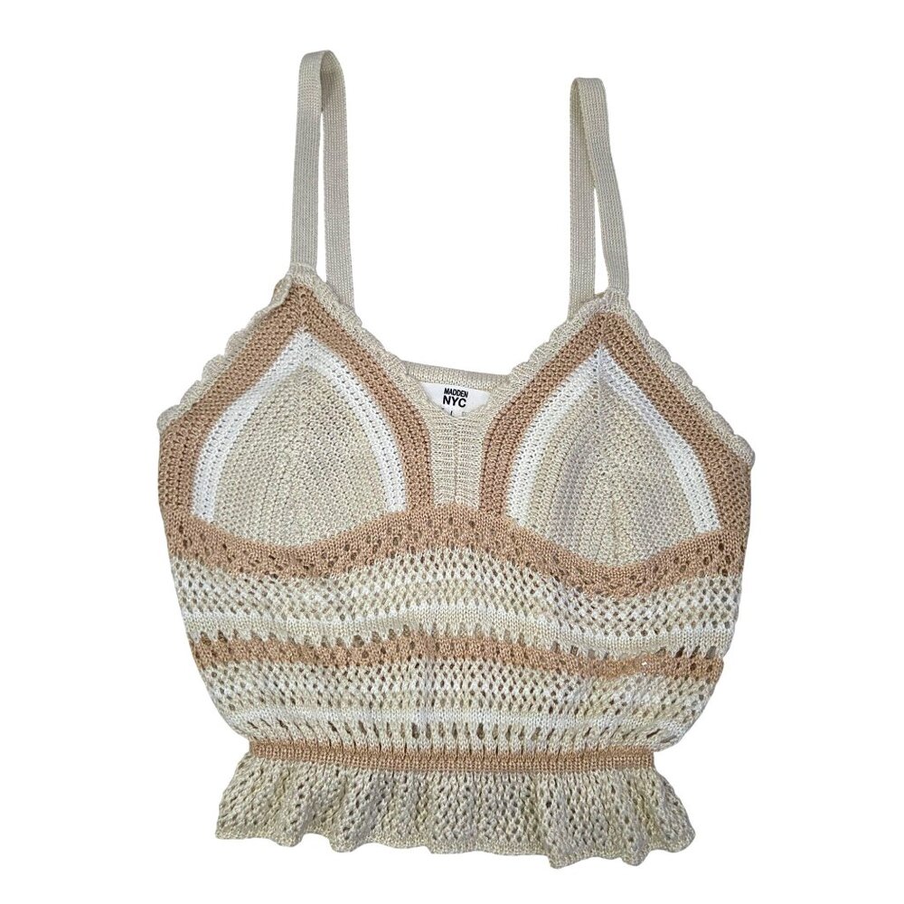 Madden NYC Womens L Knit Striped Cropped Tank Top Beige & White 4272